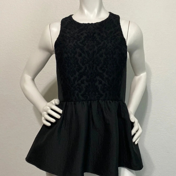 Tibi Virgin Wool Jacquard Brocade Peplum Sleeveless Black Blouse Size 0 - Picture 1 of 7